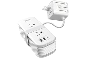 VYLEE Power Strip European Travel Plug Adapter, EU/UK/US Travel Plug Adapter, 2 AC Outlets, 3 USB Ports (1 USB C), 5ft Wrappe