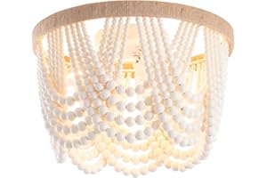 VILUXY Bohemia Wood Beaded Flush Mount Ceiling Light Antique Rustic Mini Chandelier White Finishing for Bedroom,Nursery Room, Girl Room, Hallway, Entryway, Passway, Dining Room, 3-Light
