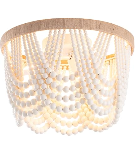 Farmhouse Wood Bead Chandelier – 3-Light Flush Mount Bohemian Ceiling Light For Bedroom, Kitchen