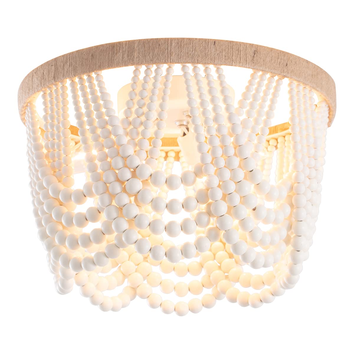 Photo 1 of VILUXY Bohemia Wood Beaded Flush Mount Ceiling Light Antique Rustic Mini Chandelier White Finishing for Bedroom,Nursery Room, Girl Room, Hallway, Entryway, Passway, Dining Room, 3-Light UL Listed