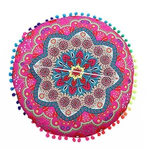 Watopi Round Mandala Throw Cushion Cover with Pom Poms Large Multicolour Indian Pouf Ottoman Meditation Floor Boho Pillowcase Seating Throw Cover for Decor Yoga Garden