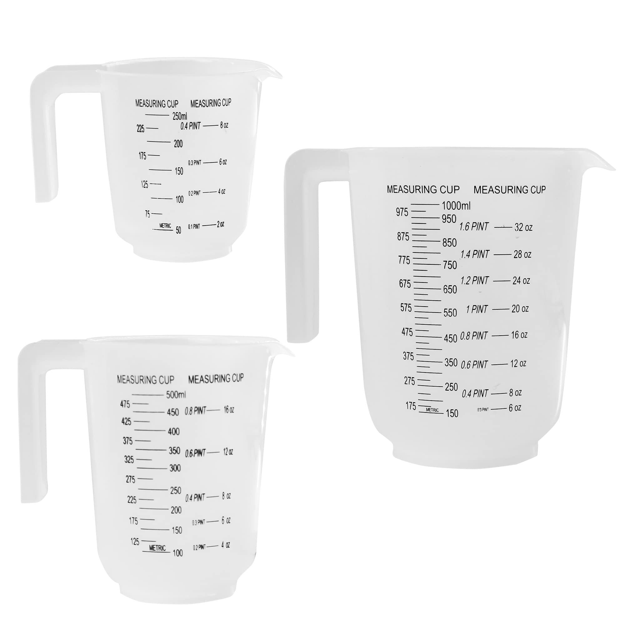 Plastic Lightweight Kitchen Measuring Jug Set of 3, Sturdy Hardwearing, Stackable, Bold Measuring Scale Markings in ml, Pints and Ounces, Pouring Lip and Handle, BPA Free