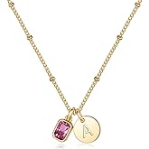 M MOOHAM Birthstone Initial Necklace for Women - Personalized Birthday Gift for Women Her Mom Grandma Wife Sister Birthstone Initial Pendant Necklaces Disc Letter A-Z Necklace