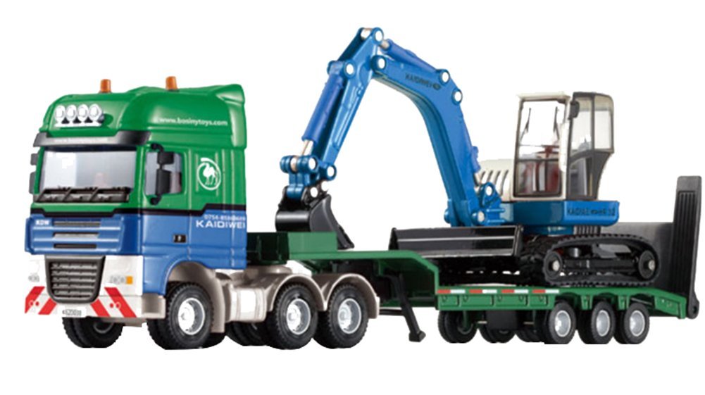 Drasawee 1:50 Scale Cool Giant Platform Lorry Truck Attached Excavator Model Toy for Boys