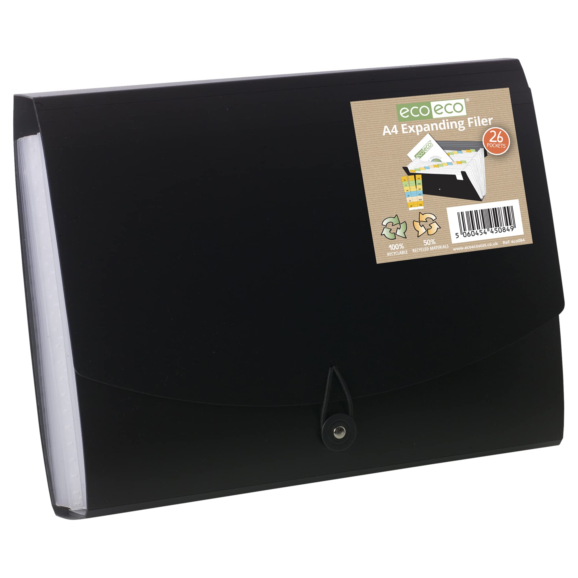 eco-eco A4 50% Recycled 26 Clear Pocket Black Cover Accordion Expanding File Organiser - Document Folder - Printed Index Tabs, A4-26 Pocket, eco084