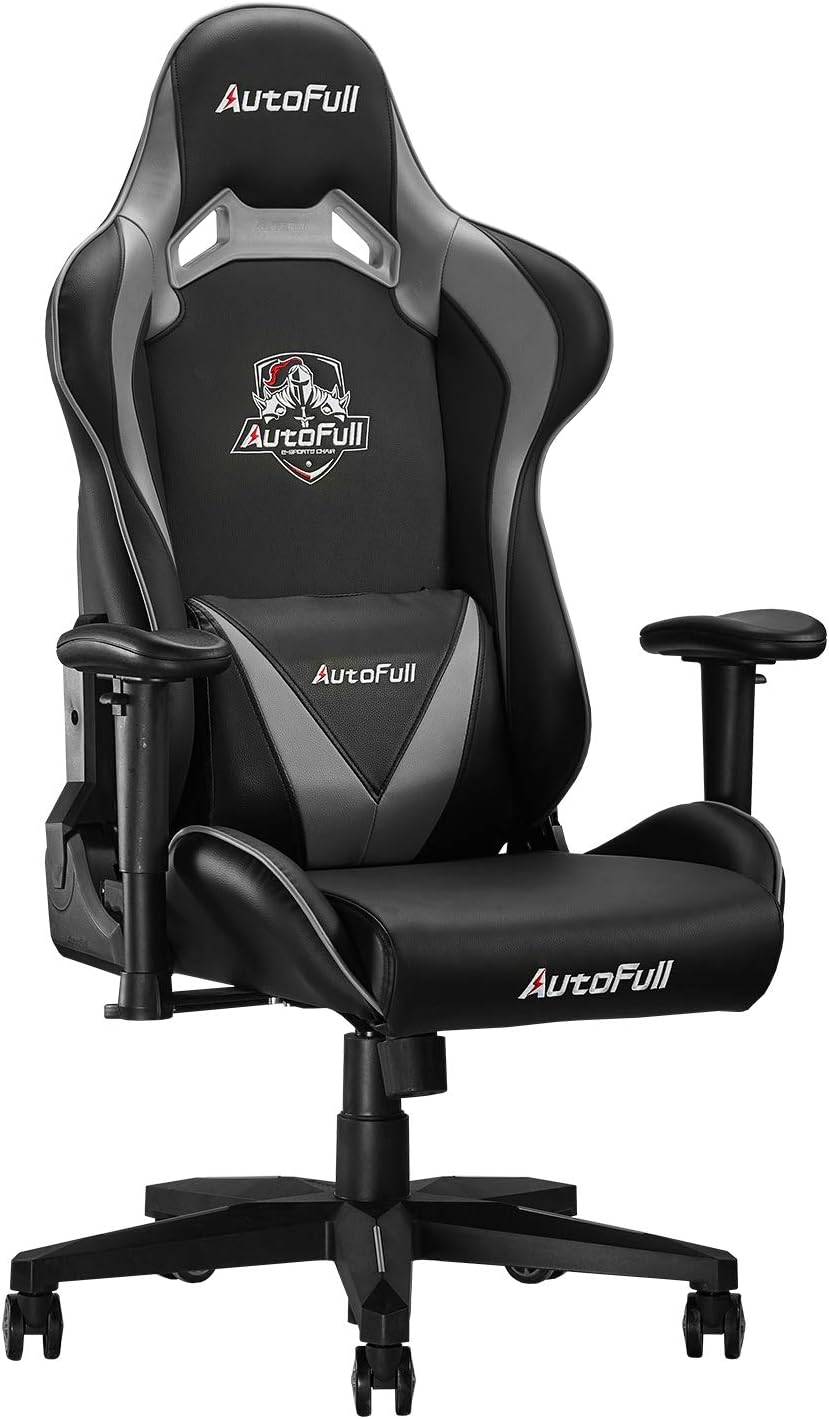 AutoFull Ergonomic Gaming Chair PU Leather Bucket Seat Racing Office Desk Grey Computer Chair with Adjustable Armrest PC Swivel Chair with Headrest and Lumbar Support