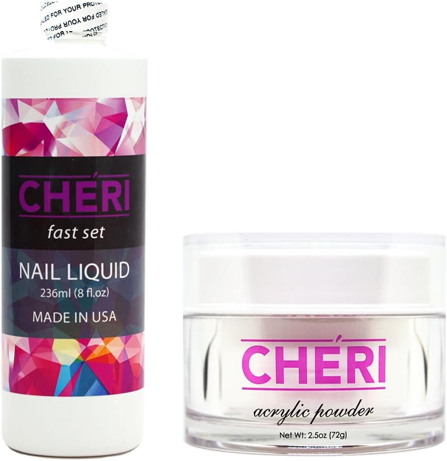 CHERI - NAIL LIQUID MONOMER 8 oz + ACRYLIC POWDER 2.5oz - MADE IN THE USA (CRYSTAL CLEAR (TRANSPARENT))
