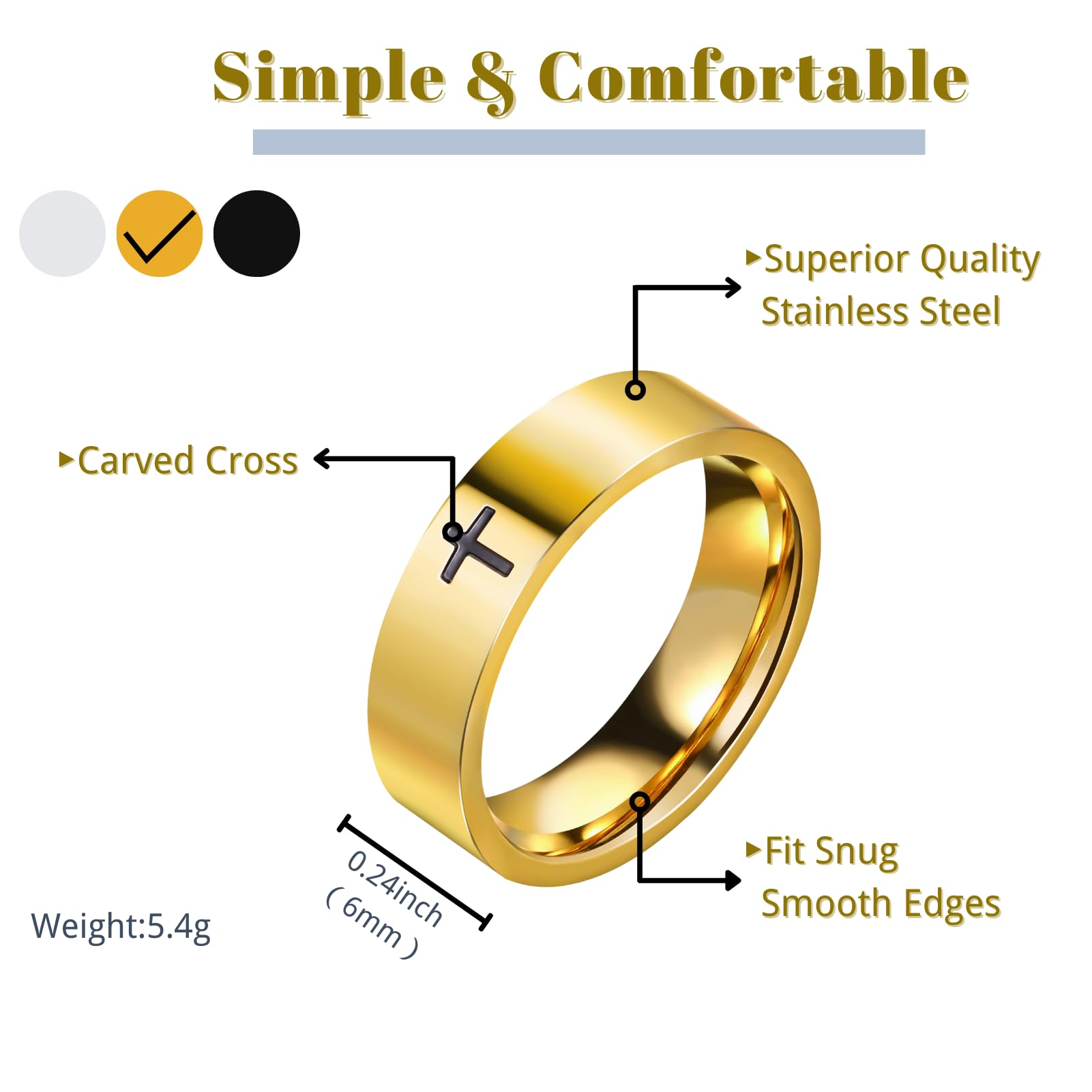 Cross Rings for Men, 18K Gold Plated Mens Rings Stainless Steel Silver Lord Prayer Jesus Christian Black Pinky Ring, Ring Size 5 to 13