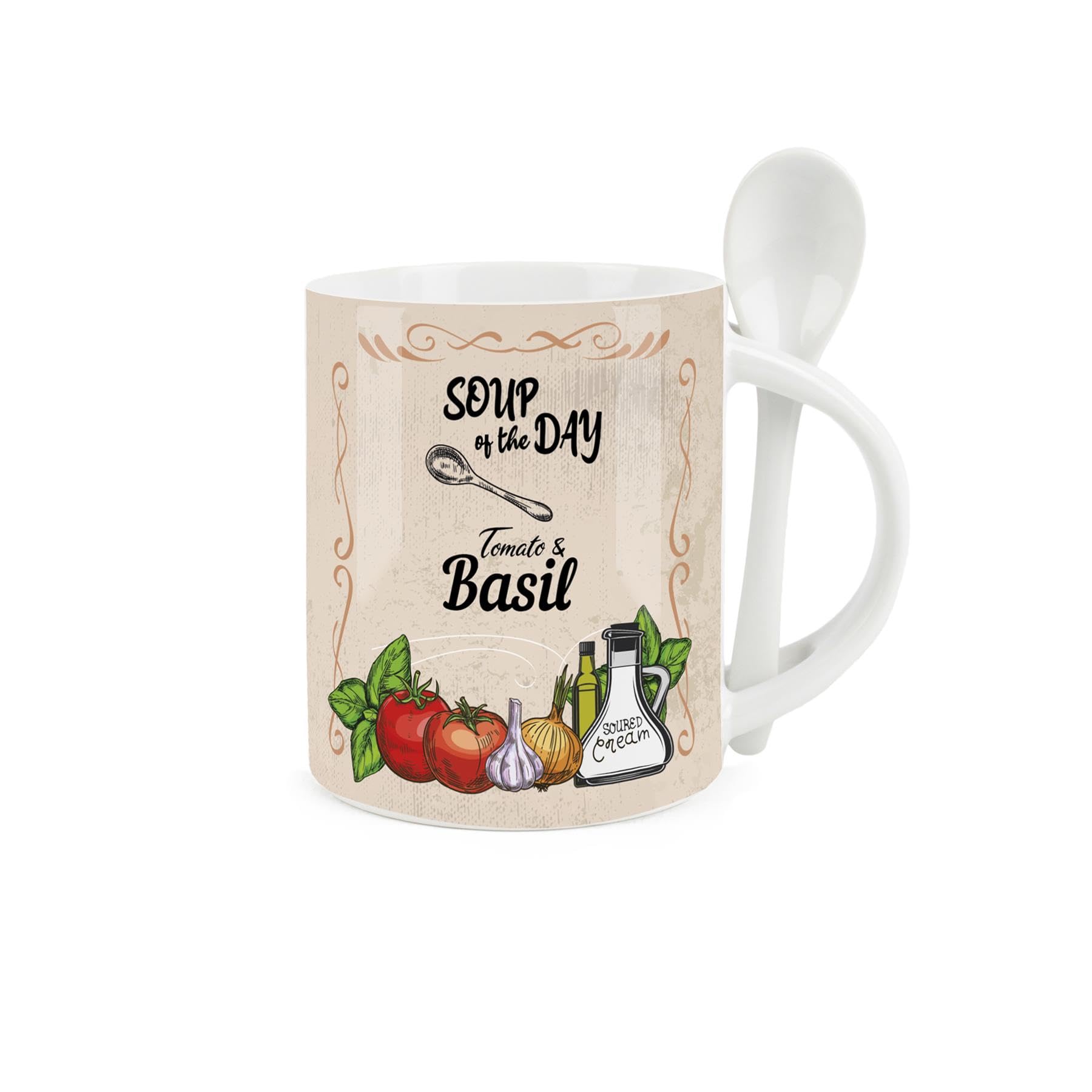 Purely Home Soup Mug and Spoon Set - Tomato and Basil Soup of The Day - Ceramic White and Brown Soup Mug with Spoon in Handle