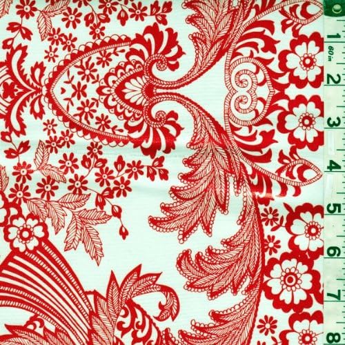 Floral Scroll Oilcloth, Fabric by The Yard (Red)