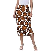 Yasala Animal Print Women Midi Skirt Watercolor Giraffe Print Casual Side Slit Summer Skirt S-XXL