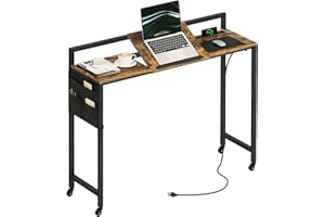 YATINEY Overbed Table with Wheels, Laptop Desk Charging Station, Recliner Table with Adjustable Stand and Storage, Chair Table for Home, Dormitory, Sofa, Rustic Brown and Black SF03UBR