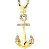 COOLSTEELANDBEYOND Gold Stainless Steel Anchor Pendant Necklace with Cubic Zirconia, Nautical Maritime Jewelry for Men