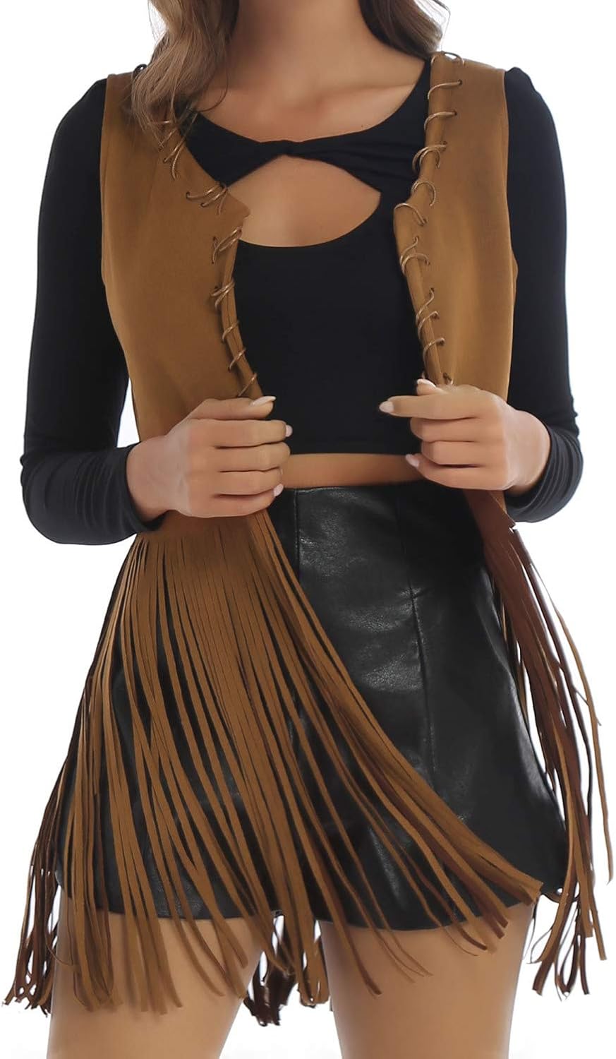 inlzdz Women Autumn Winter Faux Suede Tassels Vest Coat Jacket Fringed