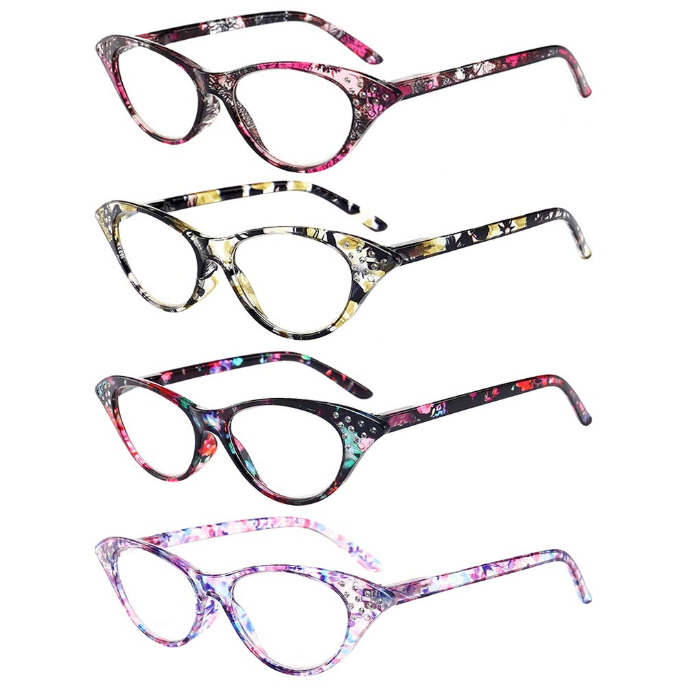 OWN4B Reading Glasses Company Value 4 Pack, Designer Lightweight Quality Readers Readingglasses for Women Men Ladies (Cats Eye Mixed, +2)
