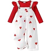 Toddler Baby Girl Valentines Clothes Ruffled Sleeves Top Heart Bell Bottoms Flared Overalls Suspender Pants Set
