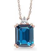 Gem Stone King 18K Rose Gold Plated Silver Pendant with Chain Necklace Emerald Cut London Blue Topaz and Moissanite (7.66 Cttw)