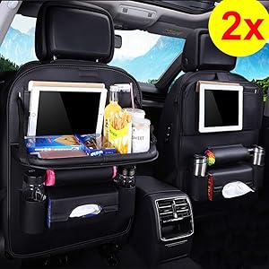 Car Back seat Organizer with Foldable Table Tray, PU Leather Car Back seat Organizer for Babies Toys Storage with Foldable Dining Table Holder Pocket (PU-2 Pack)