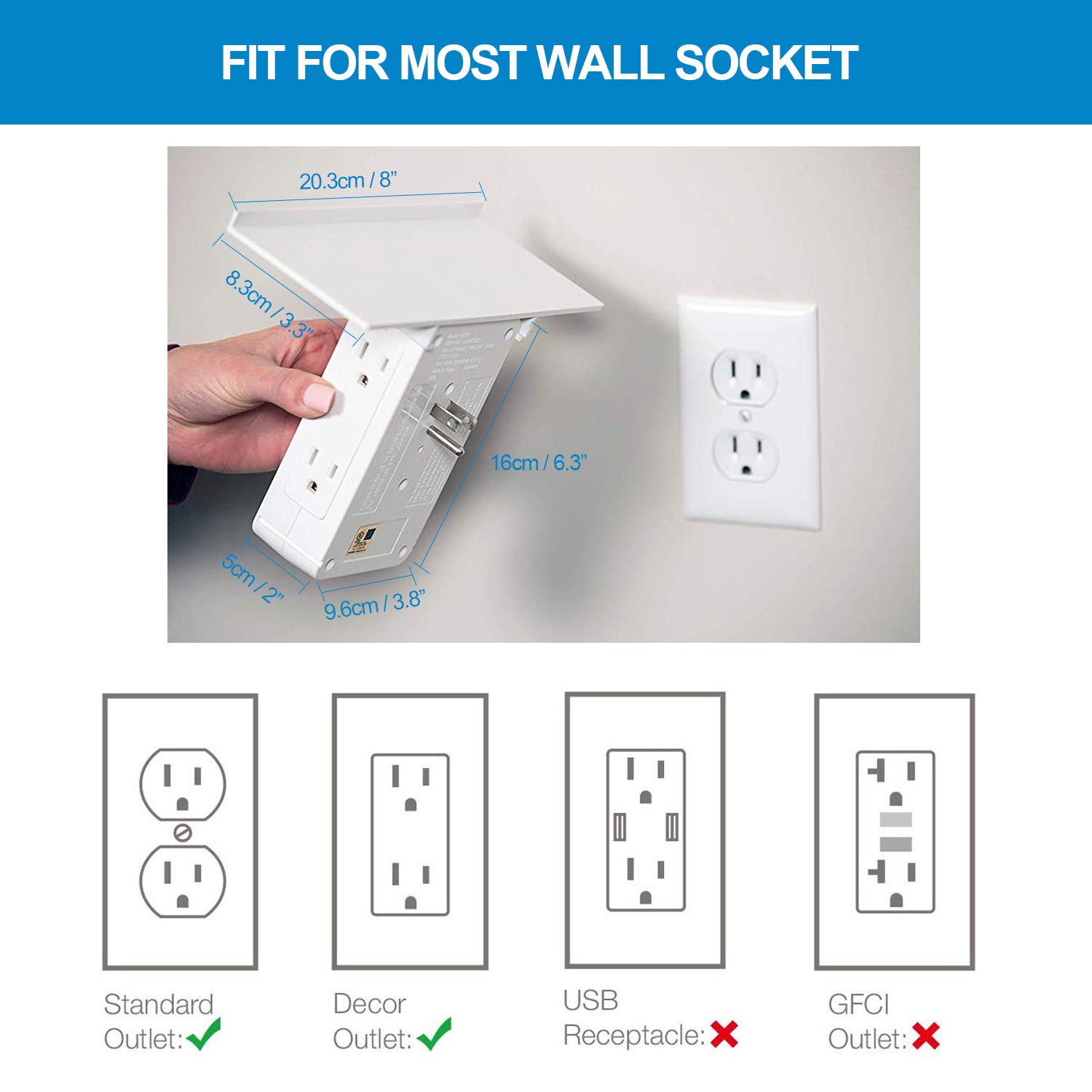 8 Port Wall Outlet Shelf with 6 Electrical Outlet Extenders and 2 USB