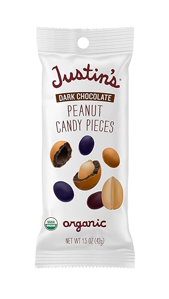 JUSTIN’S DARK CHOCOLATE PEANUT CANDY PIECES 12PK OF 1.5OZ BAGS ORGANIC, GLUTEN FREE, NON-GMO, RESPONSIBLY SOURCE, RAINFOREST ALLIANCE CERTIFIED COCOA