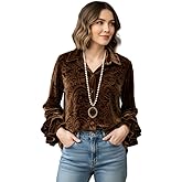 Women's Solid Brown Velvet Button Down Shirt with Flared Ruffle Cuffs – Oversized Casual Top