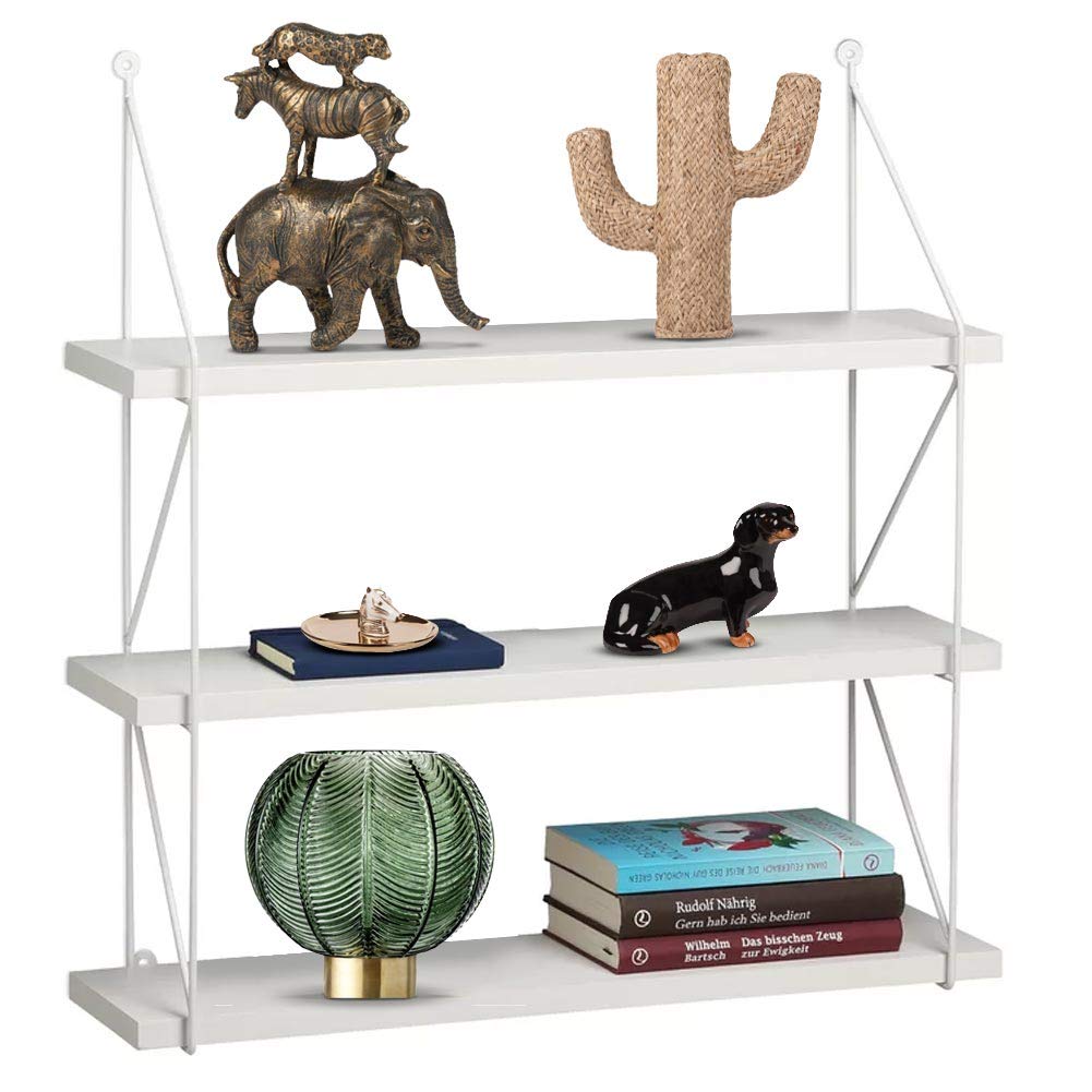 BAKAJI Bookcase Shelf Wall Shelves Modern Design 3 Shelves MDF Wood Metal Frame Home Office (White)