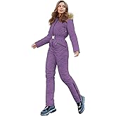 Yousify Womens Winter Ski Suit One Piece Hooded Fur Collar Ski Jumpsuit Snowsuit Outdoor Sports Coat