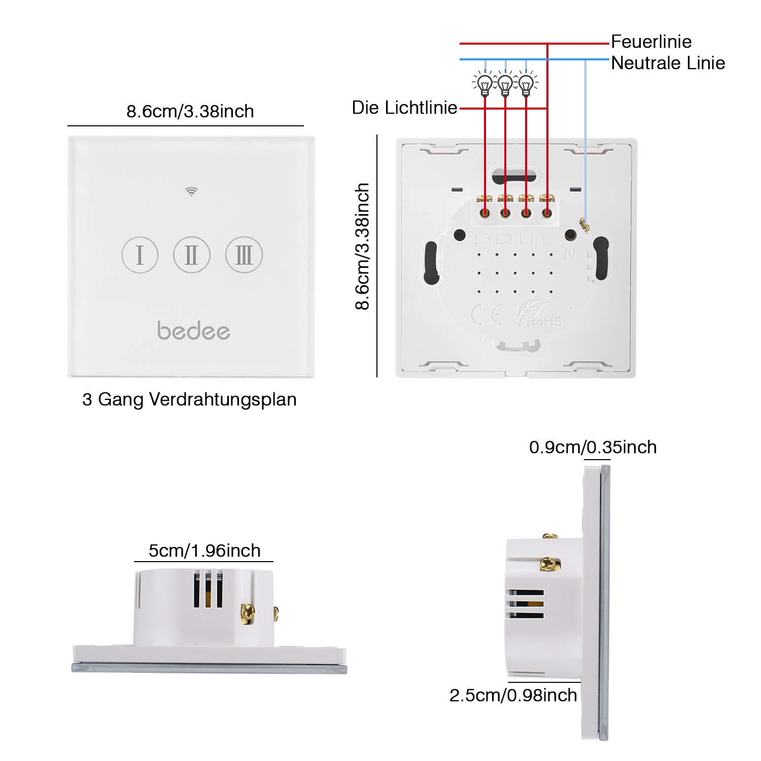 Rolladen Zeitschaltuhr WiFi Rolladenschalter bedee Smart Lichtschalter Wireless Touch Funkschalter Kompatibel mit Alexa Echo Und Google Assistant App Touchscreen Fernbedienung Timing Funktion 3 Gang
