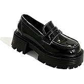 Women's Patent Leather Platform Slip-On Loafers Fashion Soft Leather Non-Slip Lug Sole Chunky Heel Penny Loafers Comfortable Office Dressy Work Shoes
