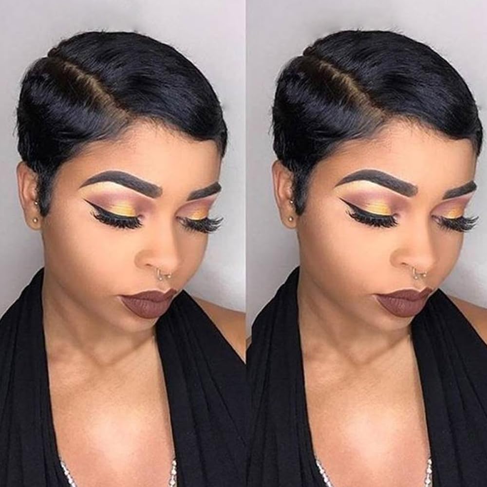 Rebecca Fashion Short Pixie Cut Lace Front Wigs Human Hair Side Part Wig 13x5.5x0.5 Glueless HD Lace Wig Short Pixie Wigs for Black Women Pre Plucked with Baby Hair, Natural Color