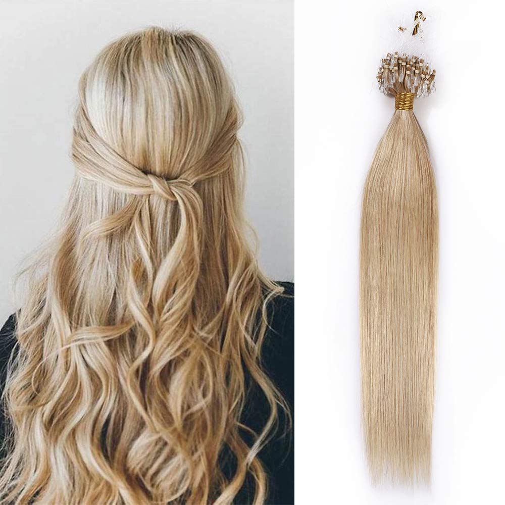 22" Micro Loop Human Hair Extensions Real Remy Hair Micro Ring Loop Beads Straight - 50 Strands (1g/s #613 Bleach Blonde)