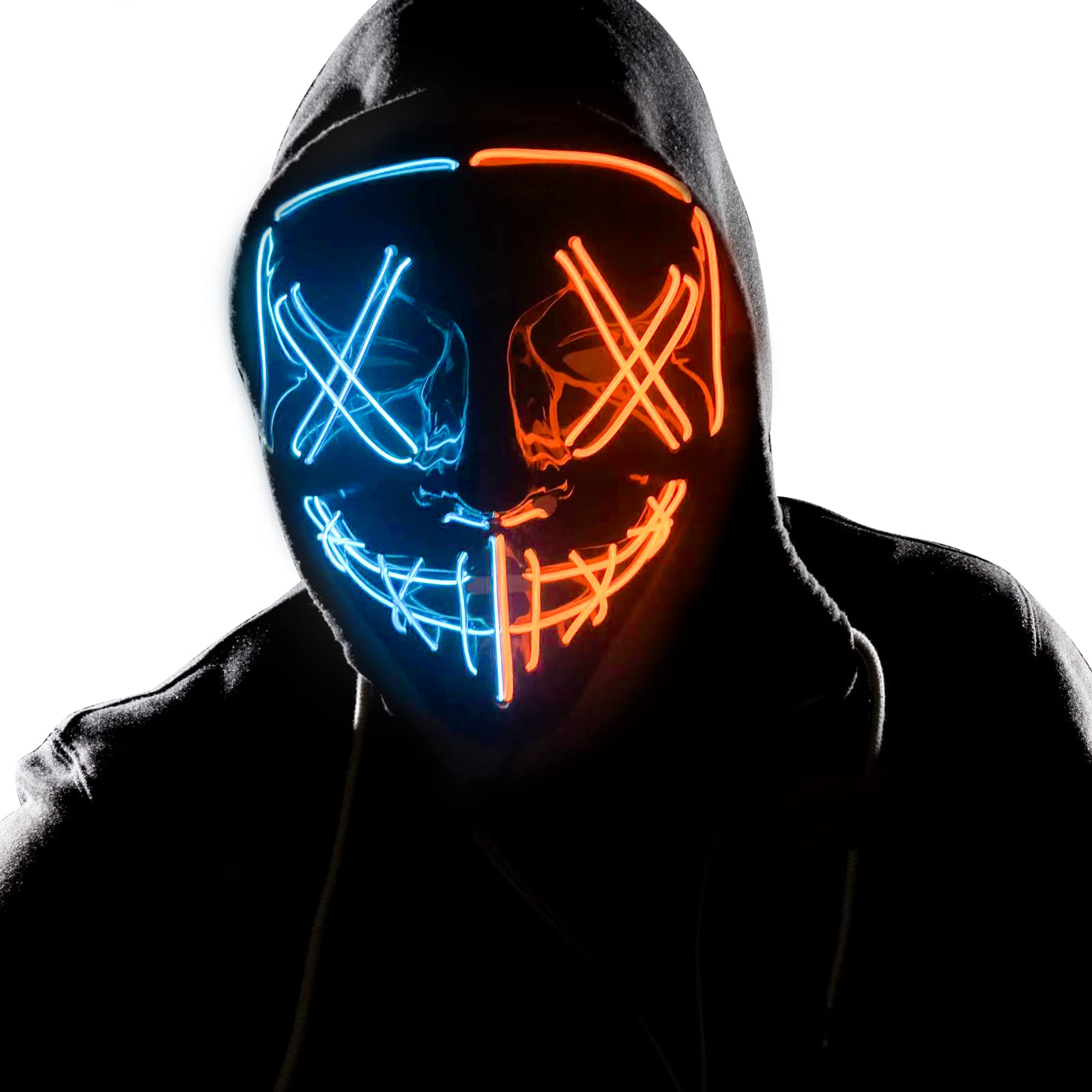 LED Halloween Scary Mask Light-Up Purge Mask for Adults & Kids, EL Wire Neon Cosplay Costume Mask for Parties, Festivals & Halloween Gifts (Blue Orange)