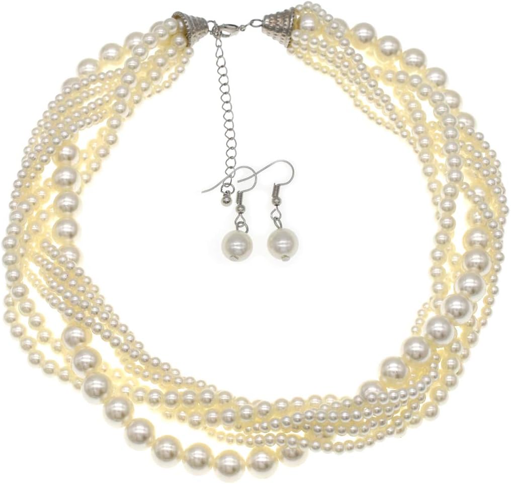 MeliMeMulti strand Imitation Pearl Necklace for Women 5 Layer Pearl Necklace Bracelet and Earrings Set Costume Wedding Pearl Jewelry