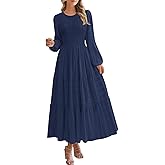 PRETTYGARDEN Womens Long Sleeve Fall Dresses Casual Crew Neck Smocked High Waist Tiered Flowy Maxi Dress with Pockets