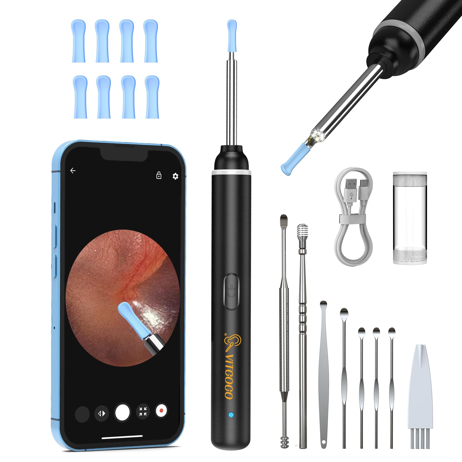 VITCOCO Ear Wax Removal Kit with 1920P HD Ear Camera, 3mm Visual Otoscope with 6 LED Lights, Compatible with iPhone, iPad & Android