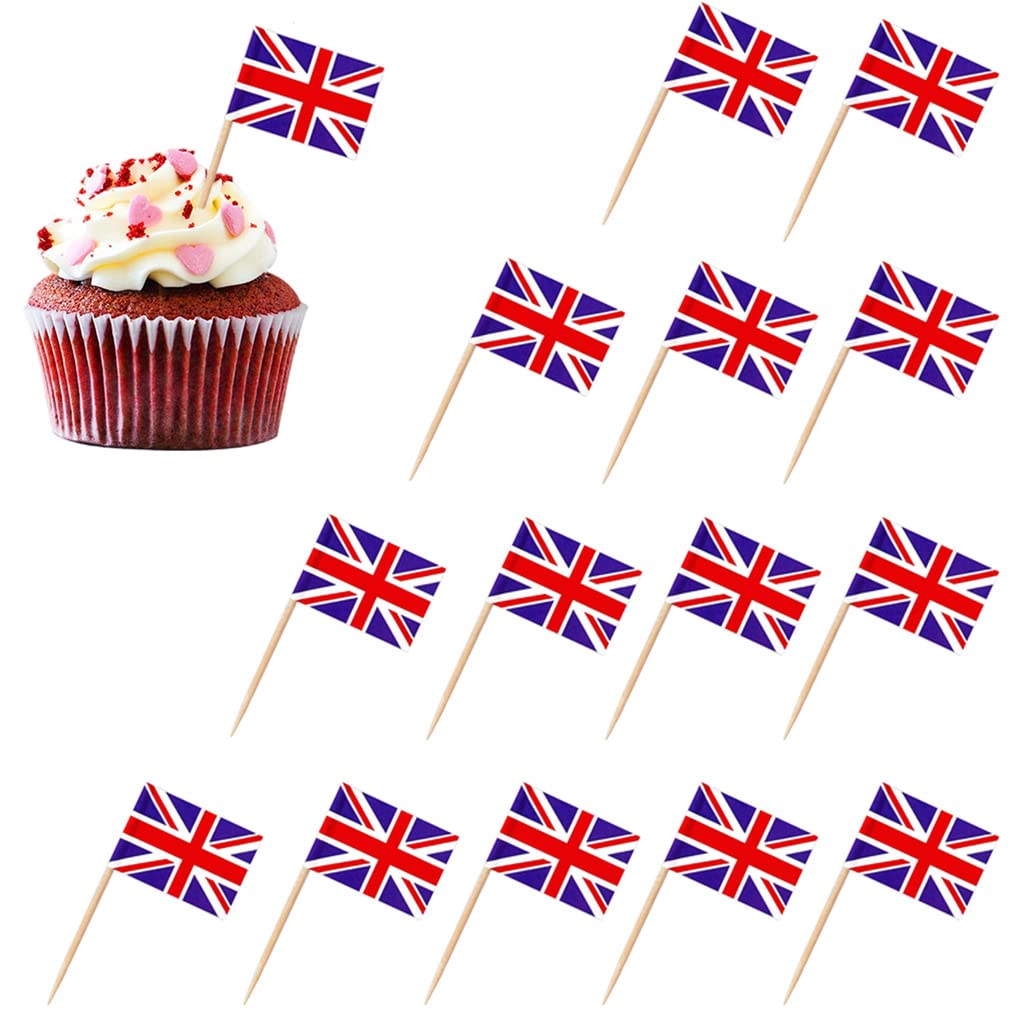 Union Jack Cake Toppers,100pcs Union Jack Flag Cupcake Toppers Victory Day Anniversary Cake Topper Cocktail Sticks British Flags Great British Toothpick for Union Jack Royal Street Party Supplies