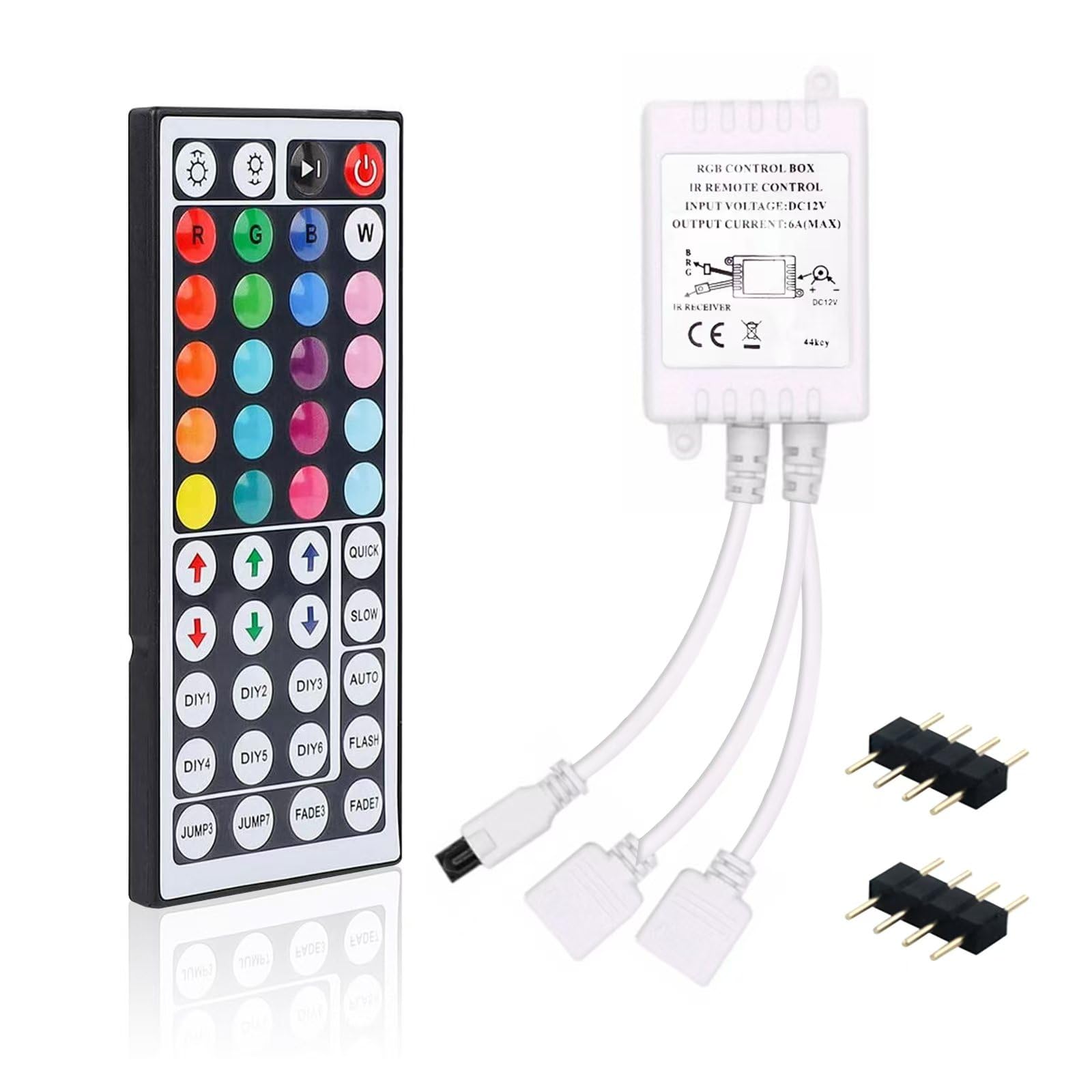 Meruido 44 Keys IR Remote Controller RGB LED Strip Light Controller Output Voltage DC12V 4 Pin 2 Ports Control Box with WirelessReceiver for RGB 5050 3528 LED Strip Lights- Dual Outputs