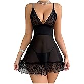 Floerns Women's Lingerie Sheer Lace V Neck Babydoll Nightdress Nightgown with Thong