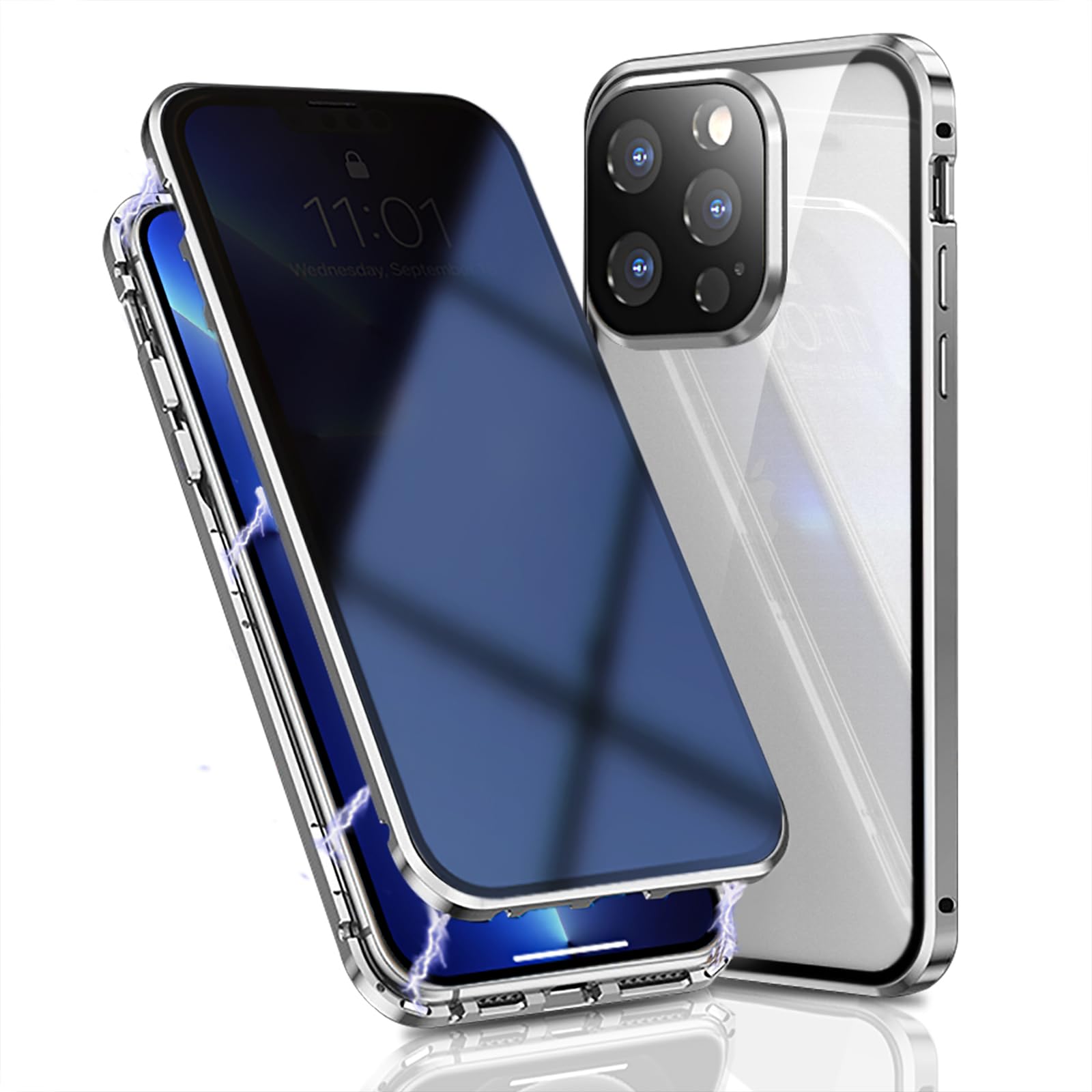 OMGZONE Privacy Case for iPhone 15 Pro Max Magnetic Cover,Screen Protector built-in Anti-peep Tempered Glass Full Cover with Camera Protector,360 Degree Metal Bumper Case for iPhone 15 Pro Max,Silver — image 1