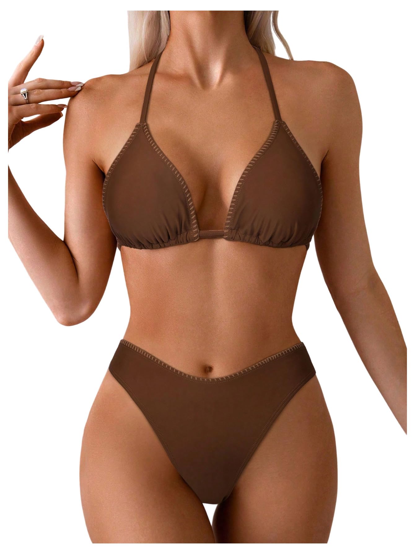 Photo 1 of SweatyRocks Women's 2 Piece Swimsuit Cheeky Tie Back Bathing Suit Halter String Triangle Bikini Sets Rust Brown S