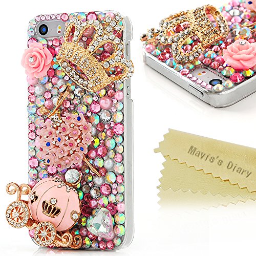 Iphone SE Case,Iphone 5S/5 Case - Mavis's Diary 3D Handmade Bling Crytal Luxury Series Cute Pumpkin Car Golden Crown Pink Flower Dancing Girl Shiny Heart Rhinestone Diamonds Clear Hard Cover