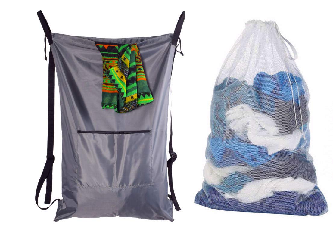 Laundry Hamper Bag, Large Laundry Backpack with Adjustable Shoulder Straps, Drawstring Lockable Door Hanging Bag for College Dorm, Bedroom, Bathroom (1 Laundry Backpack + 1 Laundry Mesh Bag)