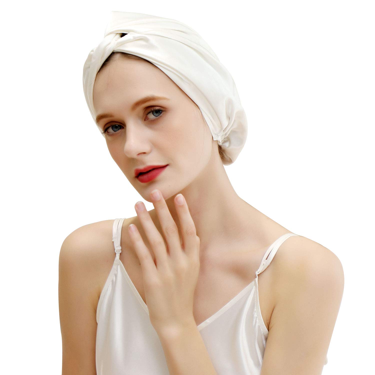 ZIMASILK 22 Momme 100% Mulberry Silk Sleep Cap for Women Hair Care,Natural Silk Hair Wrap for Sleeping, Bonnet with Elastic Stay On Head, Classic Pleated(1Pc, Ivory)