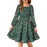GRACE KARIN Girls Fall Dress Floral Long Sleeve Midi with Smocked Waist for Holiday Party 6-14Y