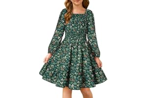GRACE KARIN Girls Fall Dress Floral Long Sleeve Midi with Smocked Waist for Holiday Party 6-14Y