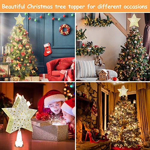 Yostyle Christmas Tree Topper Lighted Star Tree Topper with LED Rotating Snowflake Projector Lights,3D Hollow Golden Star Snowflake Tree Topper for Xmas Tree Decorations