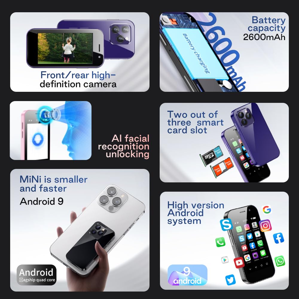 ZOKOE Mini Handy Smartphone für Kinder 3-Zoll-Bildschirm 2000 mAh 3GB RAM 64GB ROM 2.0+5.0MP Gesicht entsperren 4G kein Vertrag Telefon (lila,3GB+64GB)