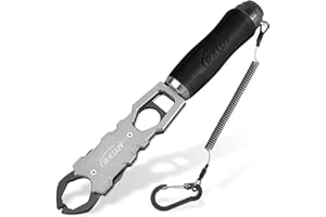 RXLUY 11.5" Fish Lip Gripper with Scale, Max 40lbs Scale, 360° Swivel Non-Slip Handle, Fish Grabber Control Tool for Safe, Hook Removal, Easy Catch & Release, Fishing Gifts for Men Women