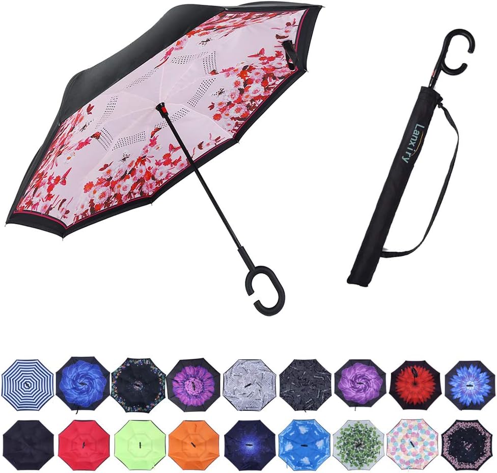 Umbrella,Large Double Layer Inverted Big C-Shaped Handle Reverse Long Umbrellas