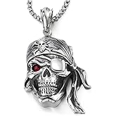 COOLSTEELANDBEYOND Mens Steel Viking Pirate Skull Pendant Necklace with Cubic Zirconia and Wheat Chain